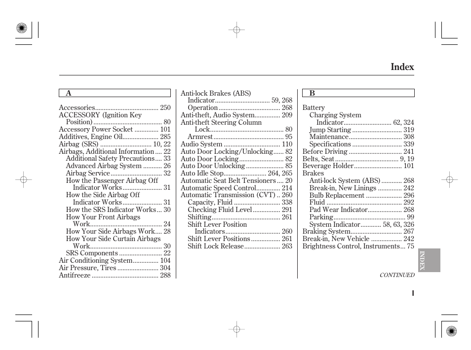 Index | HONDA 2011 Civic Hybrid User Manual | Page 363 / 374