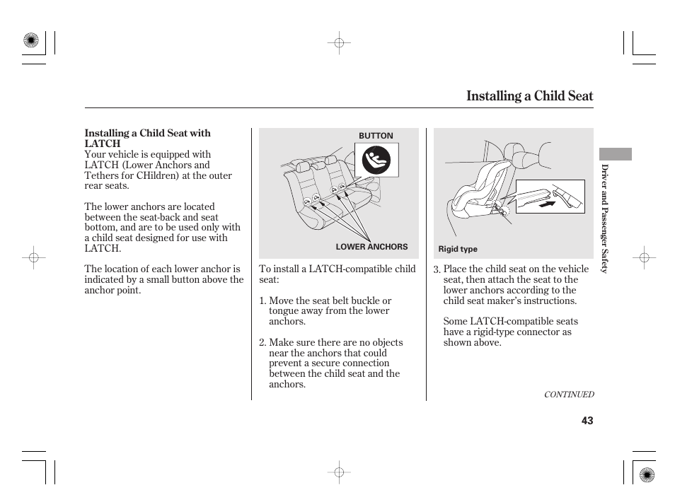 Installing a child seat | HONDA 2011 Civic Hybrid User Manual | Page 49 / 374