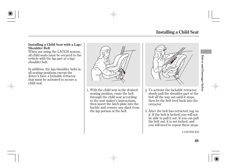 Installing a child seat | HONDA 2011 Civic Hybrid User Manual | Page 51 / 374