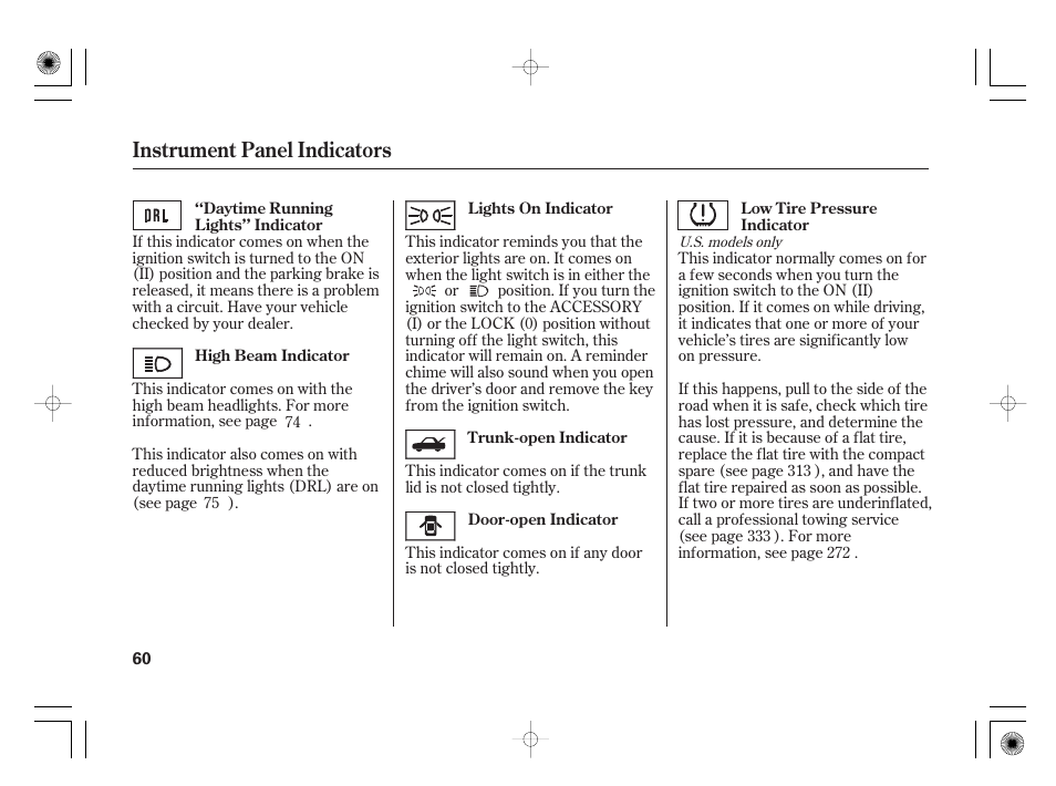 Instrument panel indicators | HONDA 2011 Civic Hybrid User Manual | Page 66 / 374