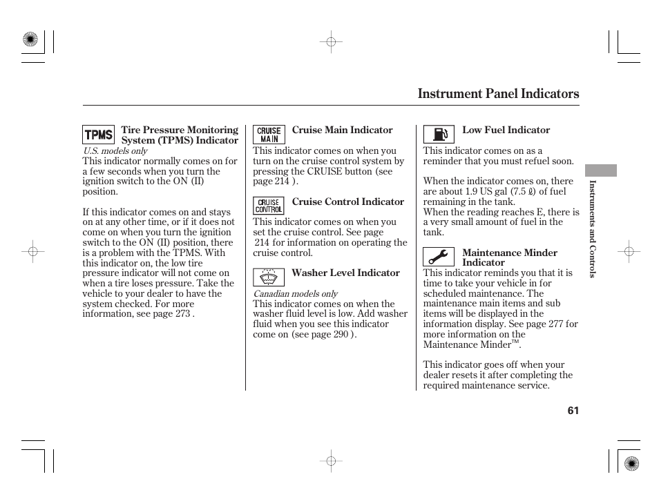 Instrument panel indicators | HONDA 2011 Civic Hybrid User Manual | Page 67 / 374