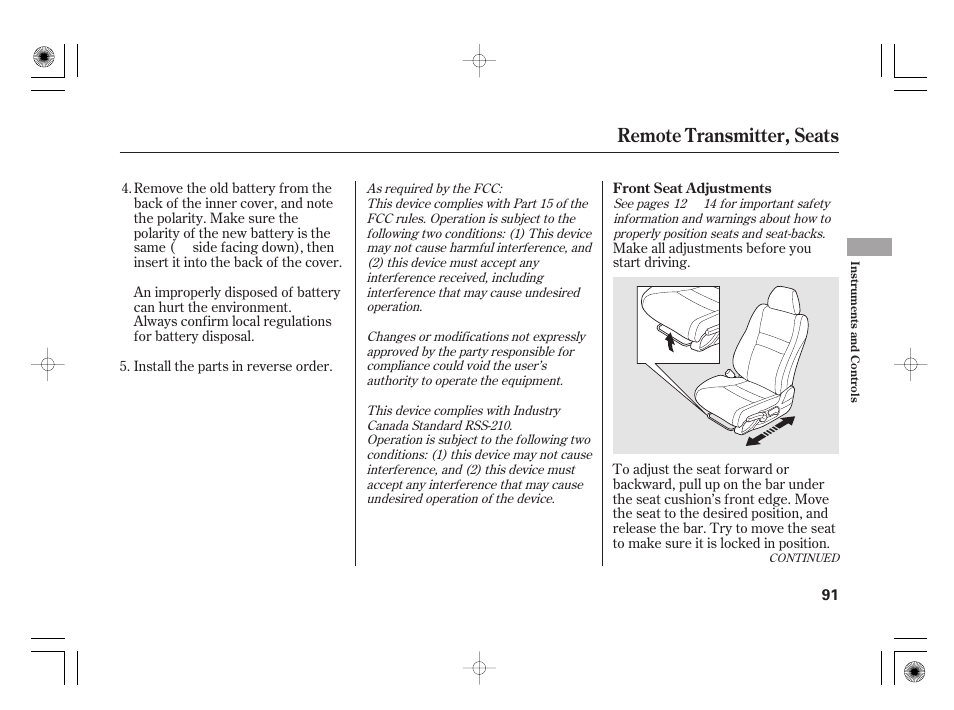 Remote transmitter, seats | HONDA 2011 Civic Hybrid User Manual | Page 97 / 374