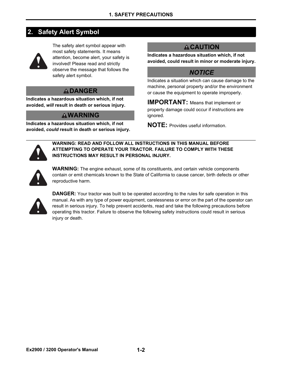 Safety alert symbol, Safety alert symbol -2, Important | Danger warning caution notice | Cub Cadet EX3200 User Manual | Page 10 / 134