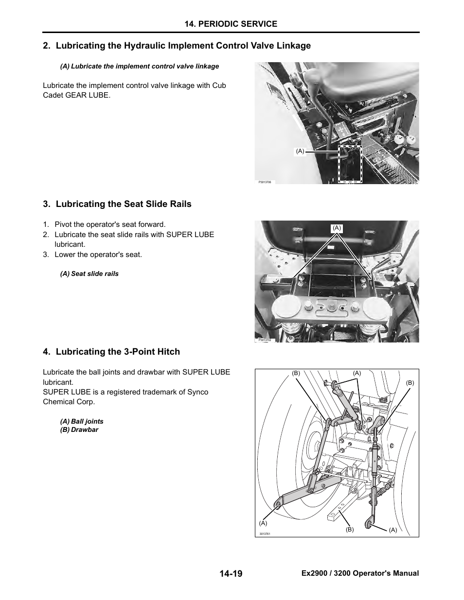 Lubricating the seat slide rails, Lubricating the 3-point hitch, Periodic service | Cub Cadet EX3200 User Manual | Page 101 / 134