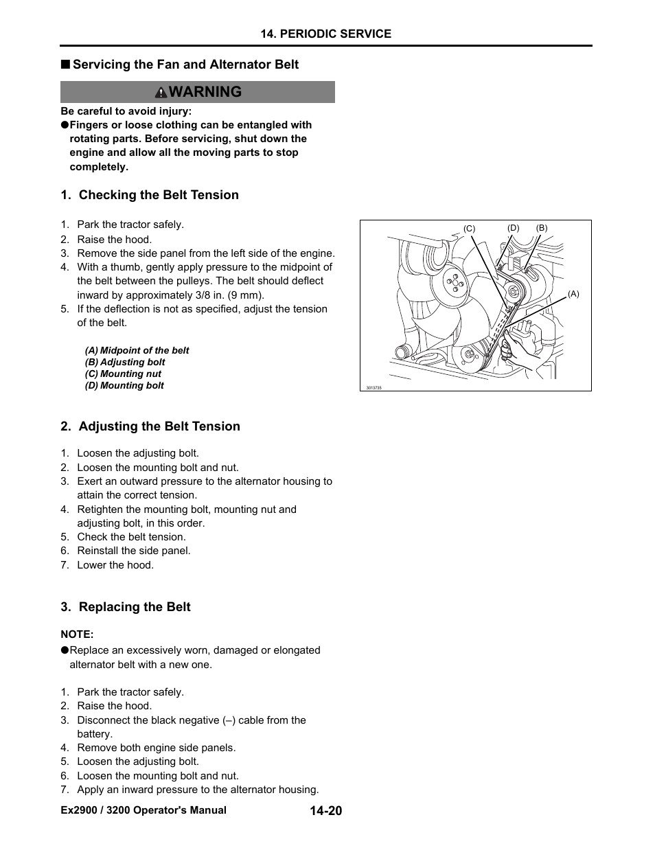 Servicing the fan and alternator belt, Checking the belt tension, Adjusting the belt tension | Replacing the belt, Servicing the fan and alternator belt -20, Warning | Cub Cadet EX3200 User Manual | Page 102 / 134