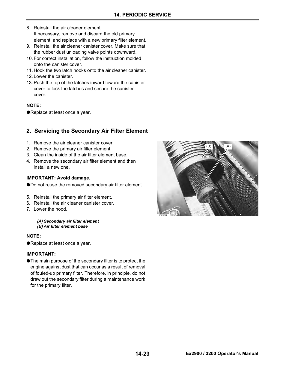 Servicing the secondary air filter element, Servicing the secondary air filter element -23 | Cub Cadet EX3200 User Manual | Page 105 / 134