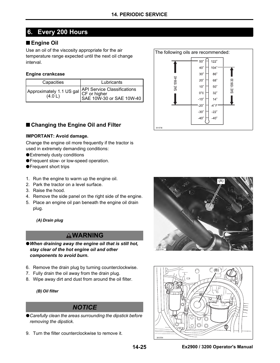 Every 200 hours, Engine oil, Changing the engine oil and filter | Every 200 hours -25, Engine oil -25, Changing the engine oil and filter -25, Warning notice | Cub Cadet EX3200 User Manual | Page 107 / 134