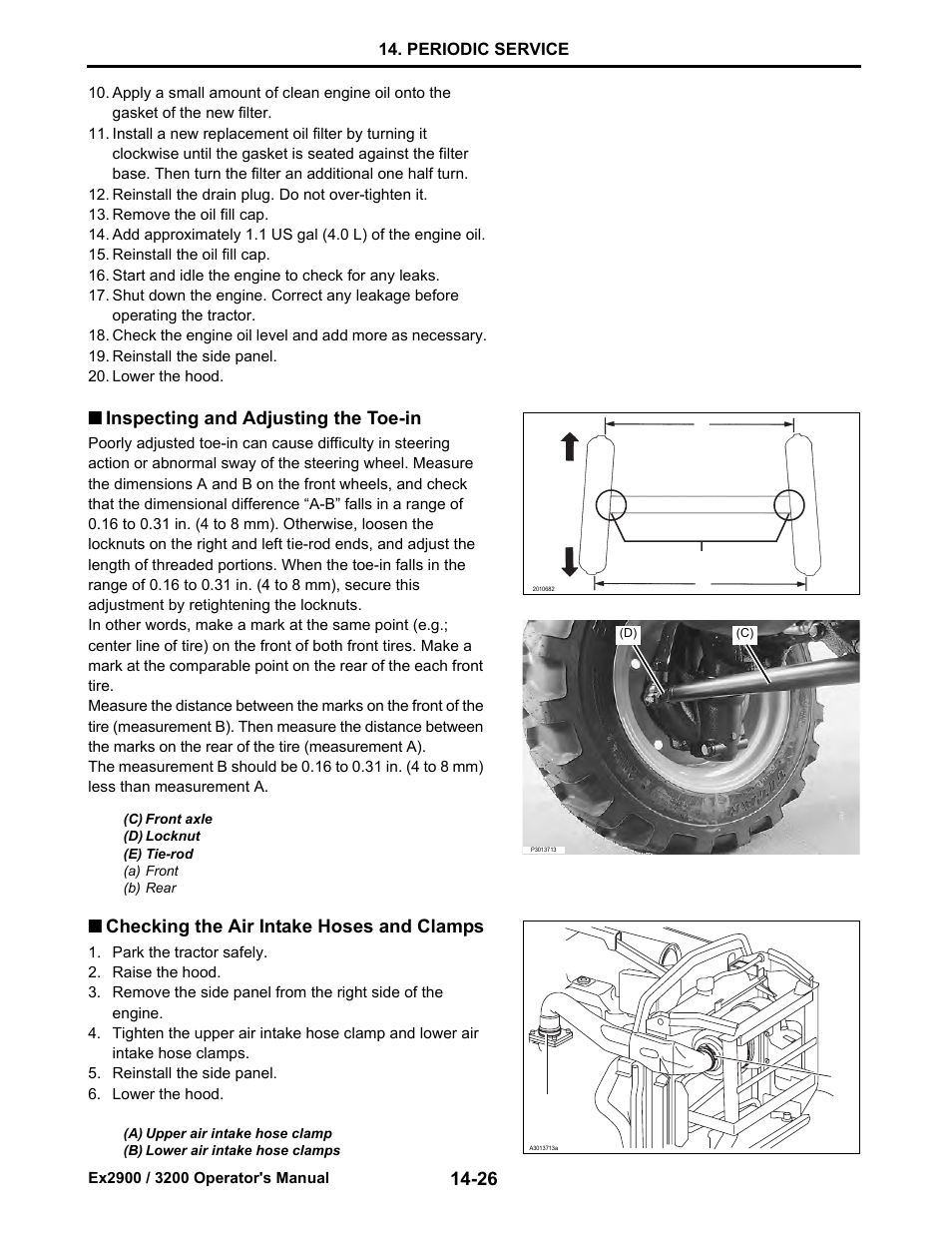 Inspecting and adjusting the toe-in, Checking the air intake hoses and clamps, Inspecting and adjusting the toe-in -26 | Checking the air intake hoses and clamps -26 | Cub Cadet EX3200 User Manual | Page 108 / 134