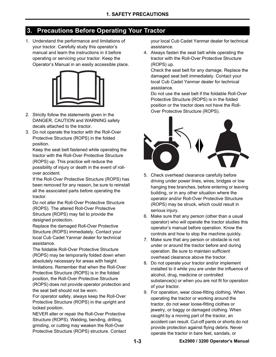 Precautions before operating your tractor, Precautions before operating your tractor -3 | Cub Cadet EX3200 User Manual | Page 11 / 134