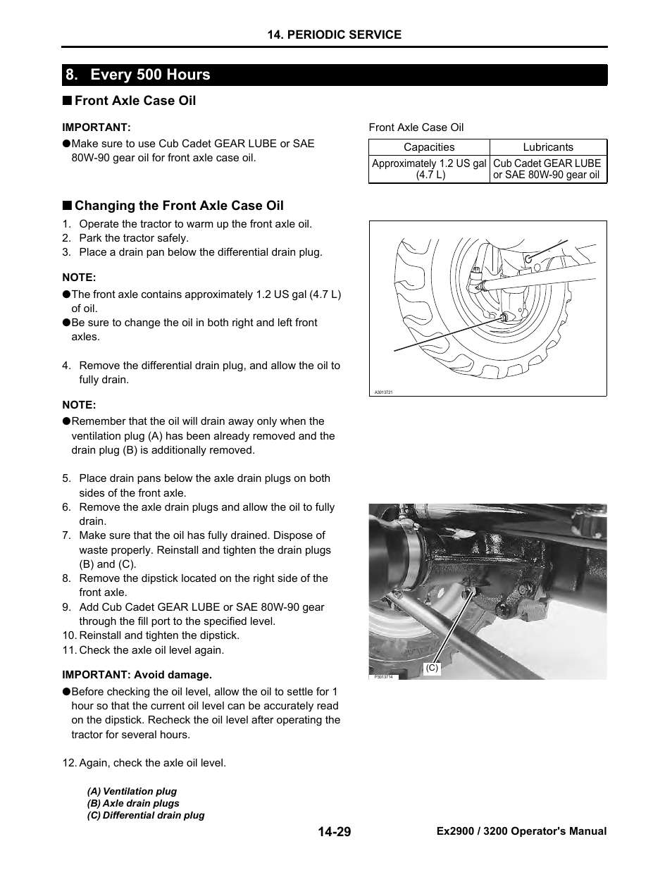 Every 500 hours, Front axle case oil, Changing the front axle case oil | Every 500 hours -29, Front axle case oil -29, Changing the front axle case oil -29 | Cub Cadet EX3200 User Manual | Page 111 / 134