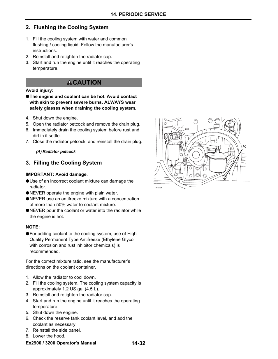 Flushing the cooling system, Filling the cooling system, Caution | Cub Cadet EX3200 User Manual | Page 114 / 134