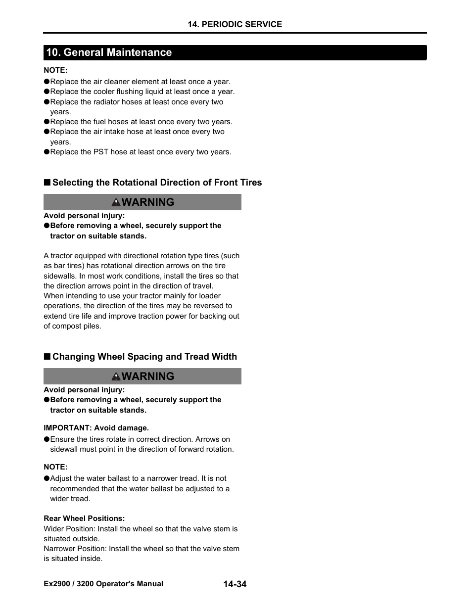 General maintenance, Selecting the rotational direction of front tires, Changing wheel spacing and tread width | General maintenance -34, Changing wheel spacing and tread width -34, General maintenance warning warning | Cub Cadet EX3200 User Manual | Page 116 / 134