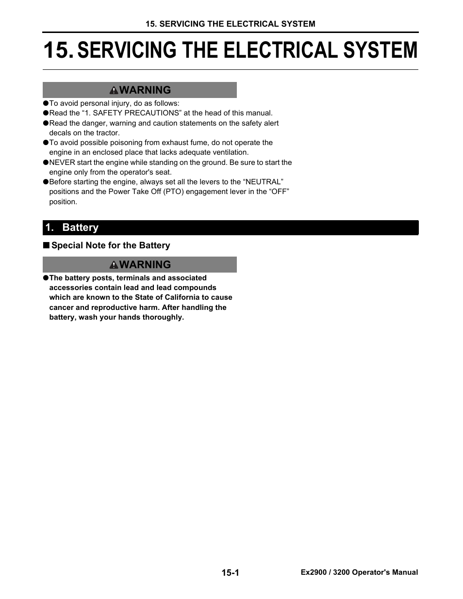 Servicing the electrical system, Battery, Special note for the battery | Battery -1, Special note for the battery -1, Servicing the electrical system -1 | Cub Cadet EX3200 User Manual | Page 117 / 134