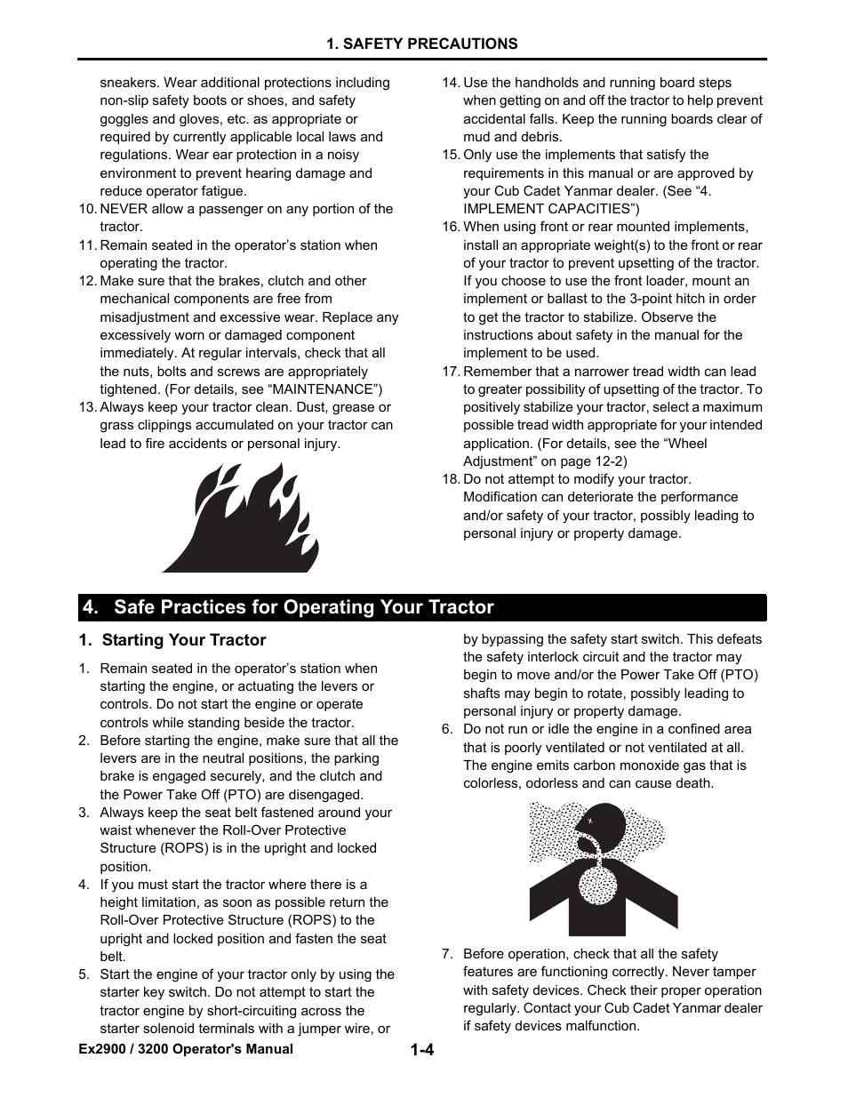 Safe practices for operating your tractor, Starting your tractor, Safe practices for operating your tractor -4 | Starting your tractor -4 | Cub Cadet EX3200 User Manual | Page 12 / 134