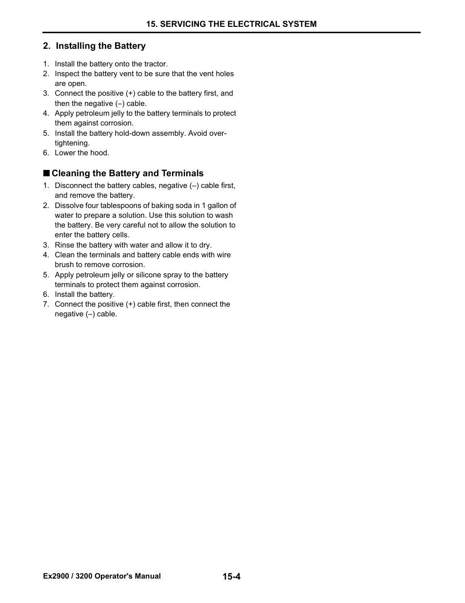 Installing the battery, Cleaning the battery and terminals, Installing the battery -4 | Cleaning the battery and terminals -4 | Cub Cadet EX3200 User Manual | Page 120 / 134