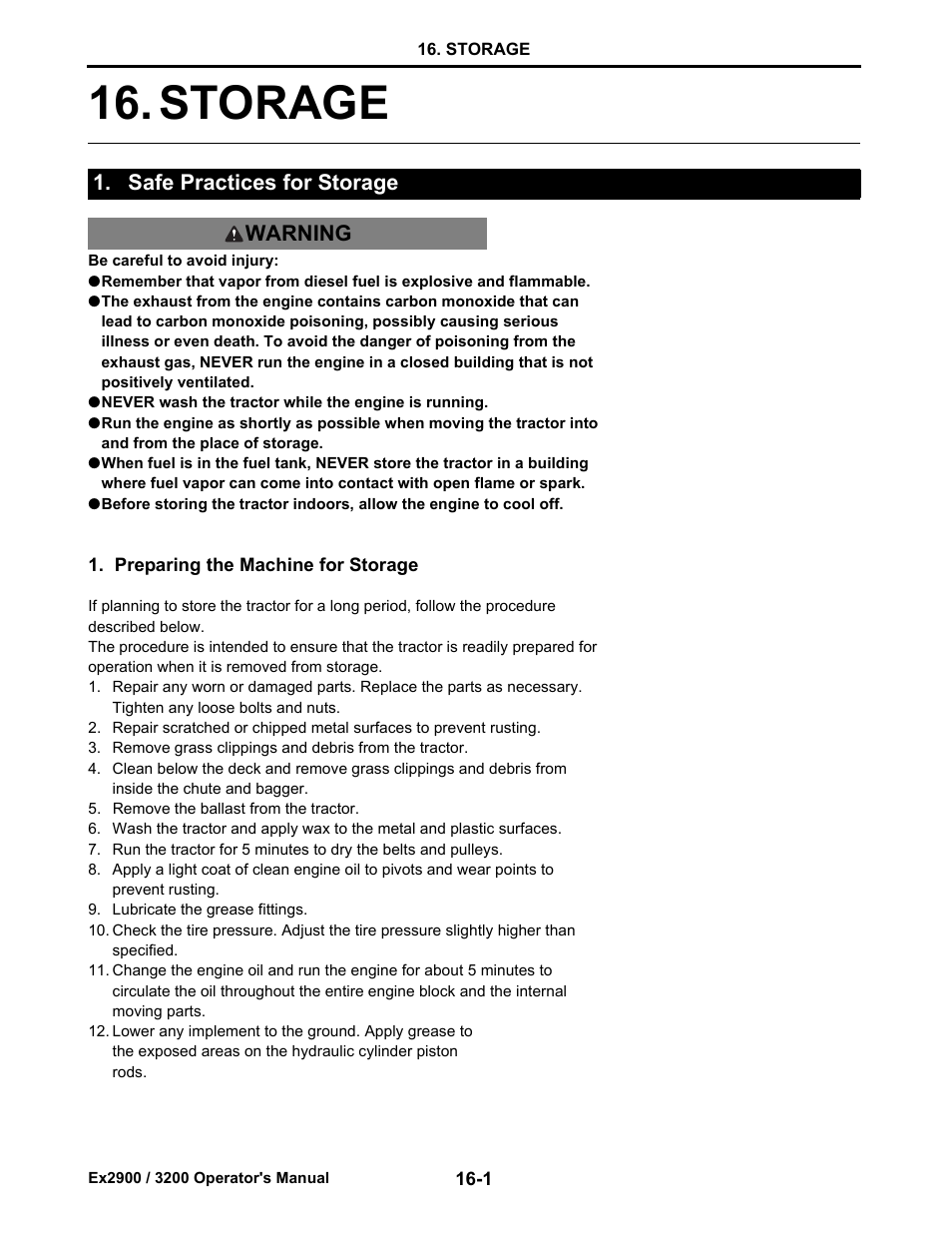 Storage, Safe practices for storage, Preparing the machine for storage | Safe practices for storage -1, Preparing the machine for storage -1, Storage -1, Safe practices for storage warning | Cub Cadet EX3200 User Manual | Page 126 / 134