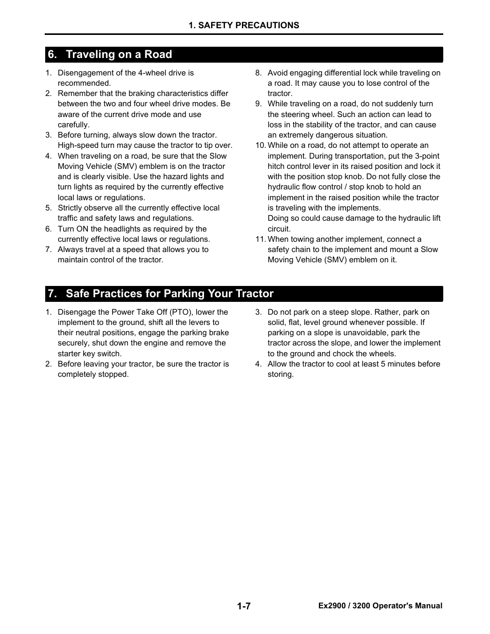 Traveling on a road, Safe practices for parking your tractor | Cub Cadet EX3200 User Manual | Page 15 / 134