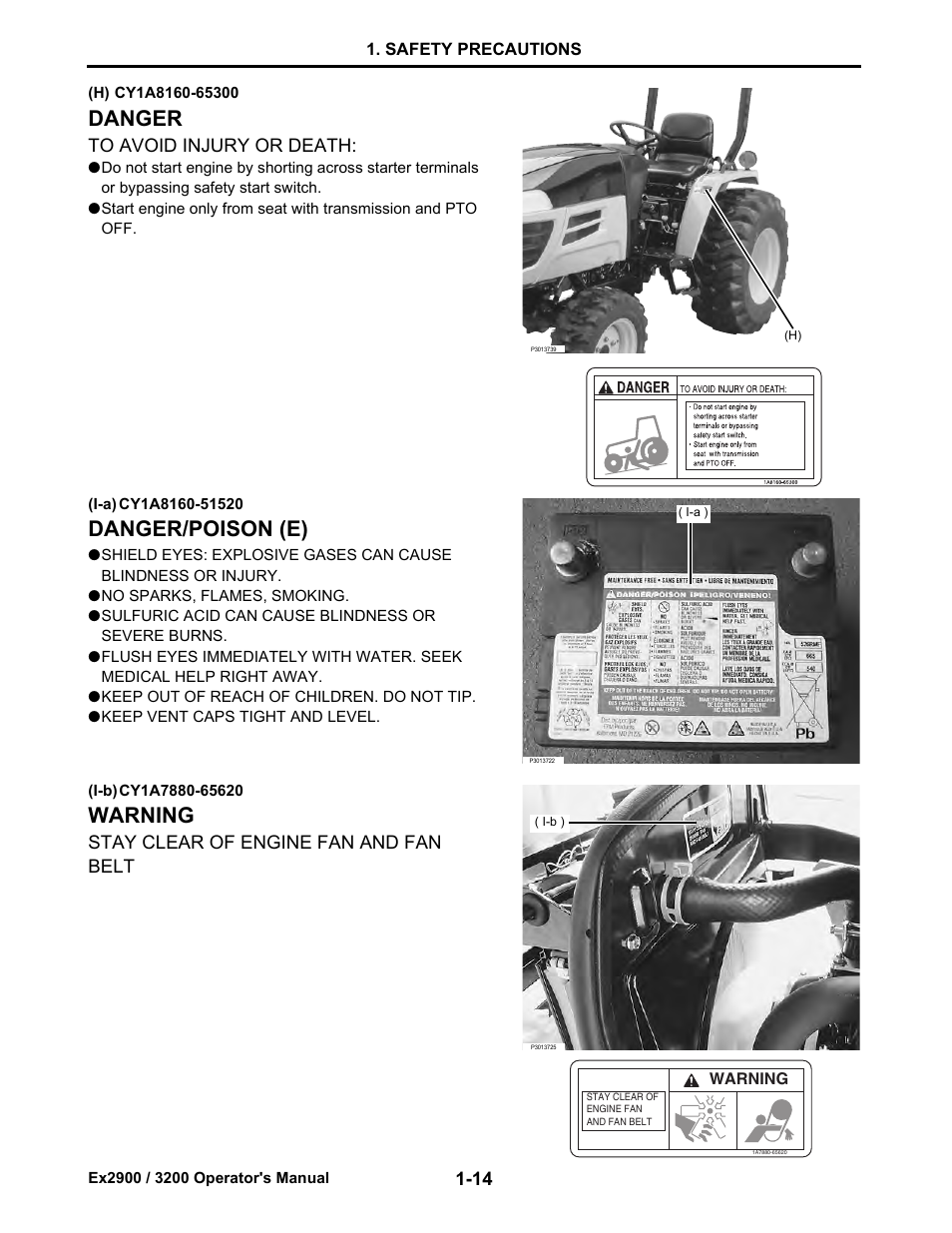 Danger, Danger/poison (e), Warning | Stay clear of engine fan and fan belt | Cub Cadet EX3200 User Manual | Page 22 / 134