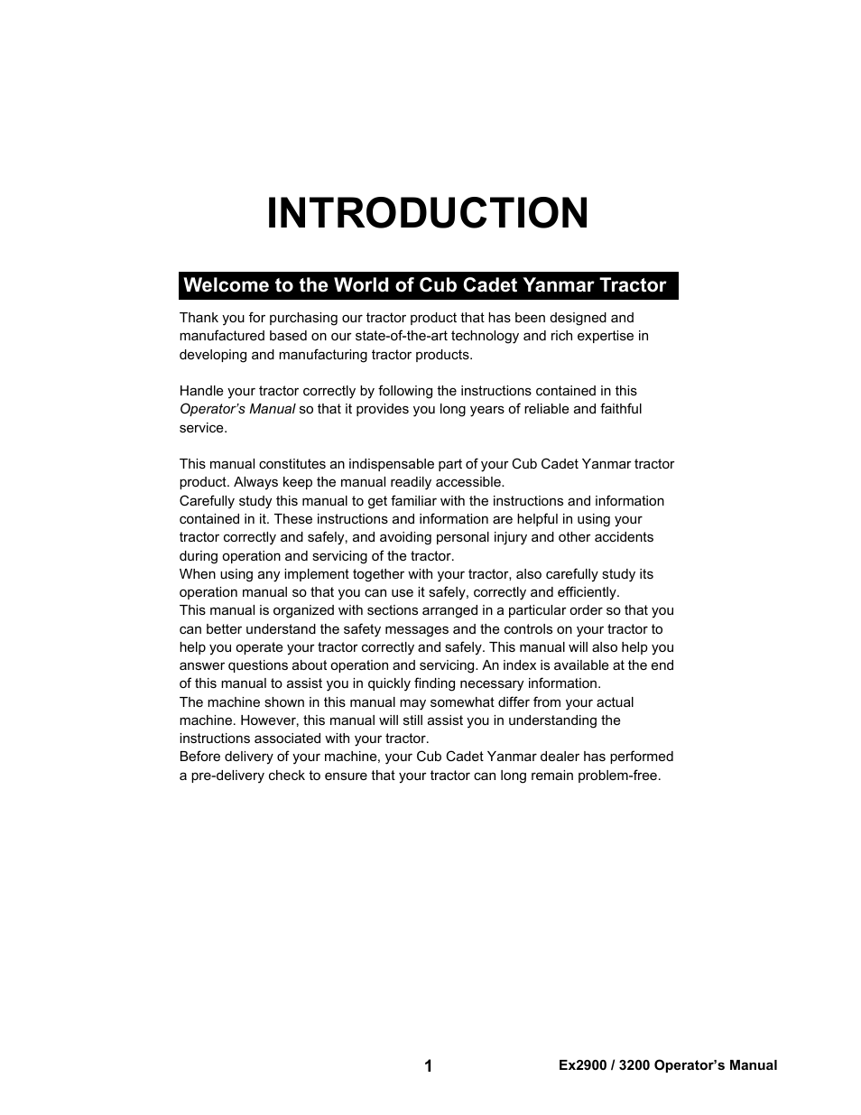 Introduction, Welcome to the world of cub cadet yanmar tractor | Cub Cadet EX3200 User Manual | Page 3 / 134