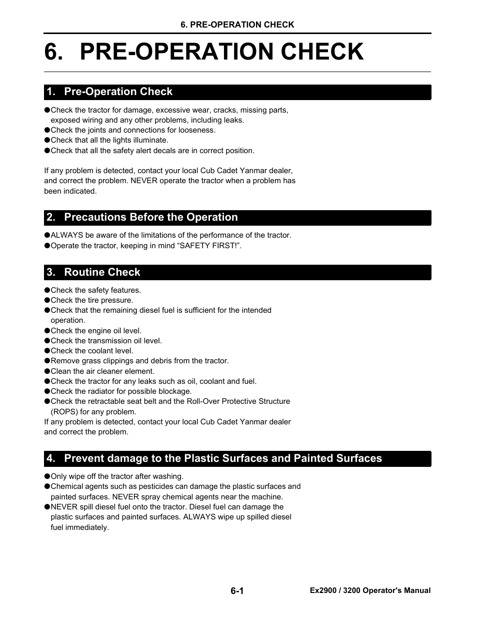 Pre-operation check, Precautions before the operation, Routine check | Pre-operation check -1 | Cub Cadet EX3200 User Manual | Page 33 / 134