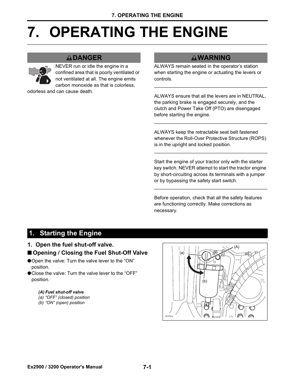 Operating the engine, Starting the engine, Opening / closing the fuel shut-off valve | Starting the engine -1, Opening / closing the fuel shut-off valve -1, Operating the engine -1, Danger warning 1. starting the engine | Cub Cadet EX3200 User Manual | Page 34 / 134