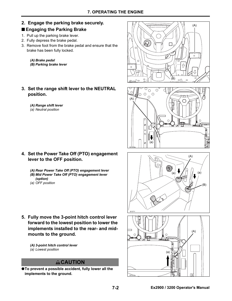 Engaging the parking brake, Engaging the parking brake -2, Caution | Set the range shift lever to the neutral position | Cub Cadet EX3200 User Manual | Page 35 / 134