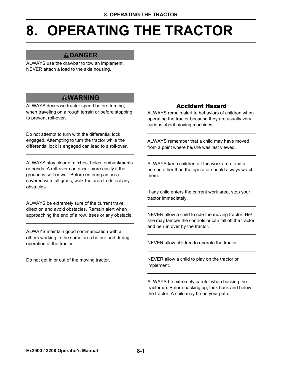 Operating the tractor, Operating the tractor -1, Danger warning | Cub Cadet EX3200 User Manual | Page 42 / 134