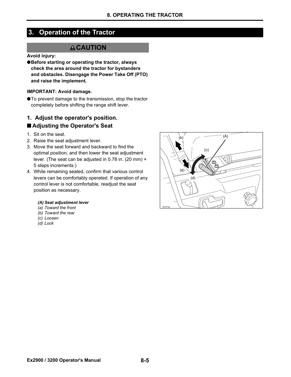 Operation of the tractor, Adjusting the operator's seat, Operation of the tractor -5 | Adjusting the operator's seat -5, Operation of the tractor caution | Cub Cadet EX3200 User Manual | Page 46 / 134