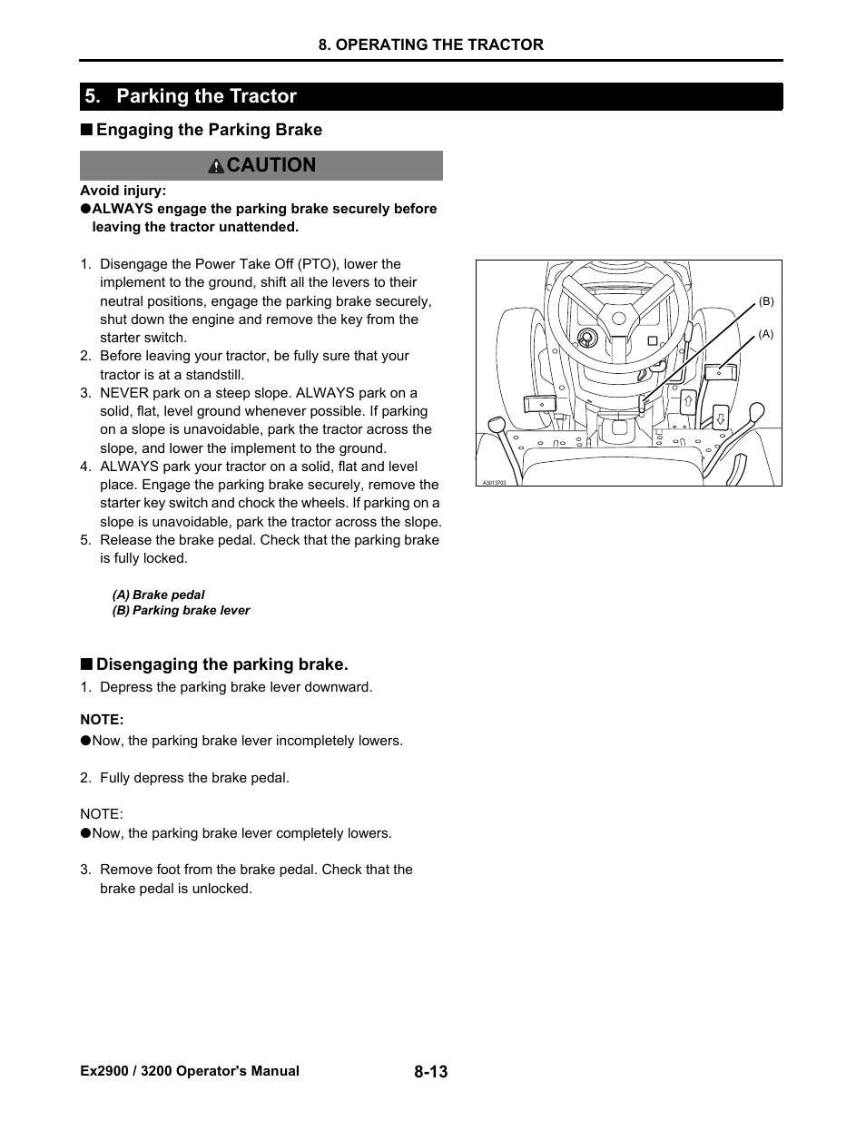 Parking the tractor, Engaging the parking brake, Disengaging the parking brake | Parking the tractor -13, Engaging the parking brake -13, Disengaging the parking brake -13, Parking the tractor caution | Cub Cadet EX3200 User Manual | Page 54 / 134