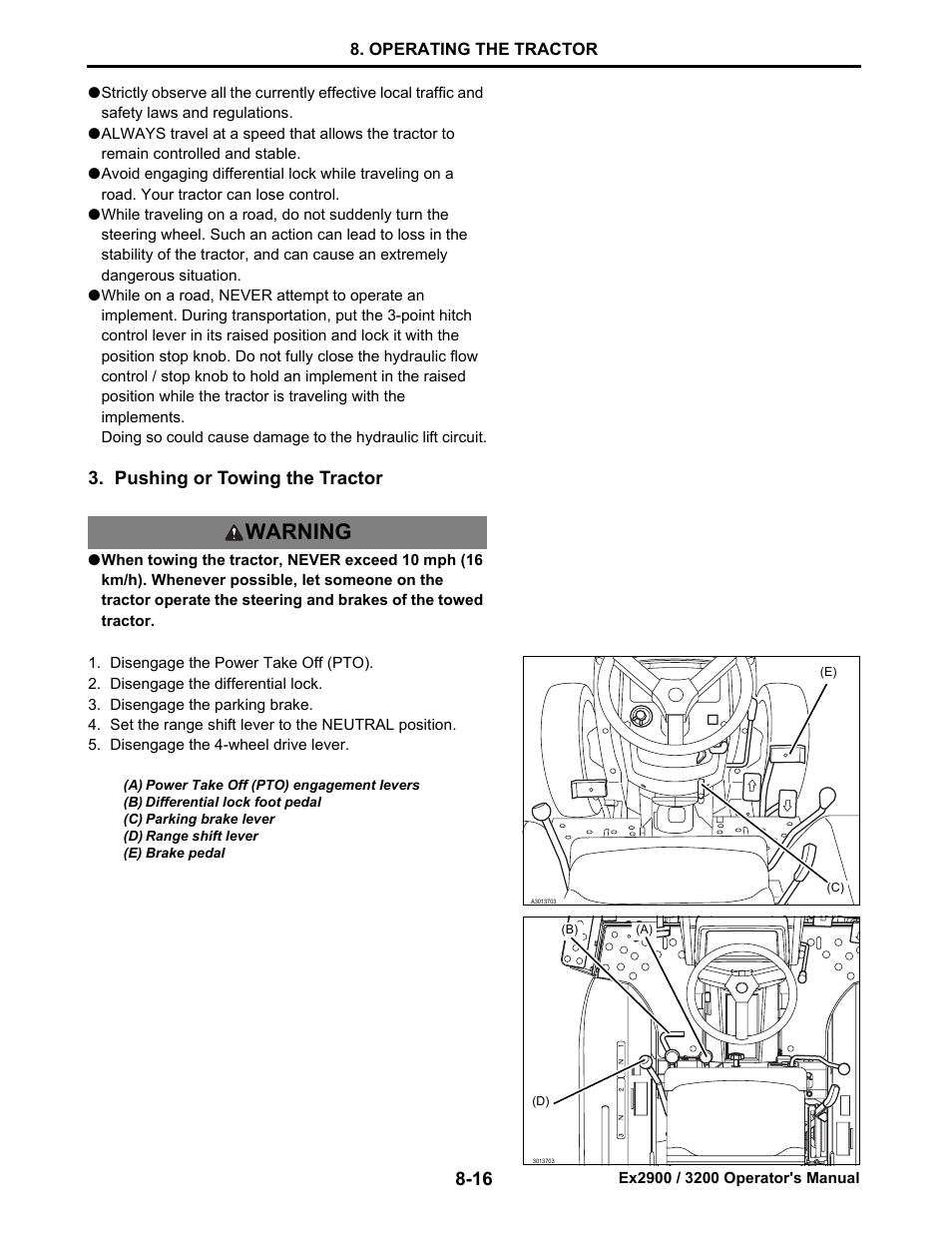 Pushing or towing the tractor, Pushing or towing the tractor -16, Warning | Cub Cadet EX3200 User Manual | Page 57 / 134