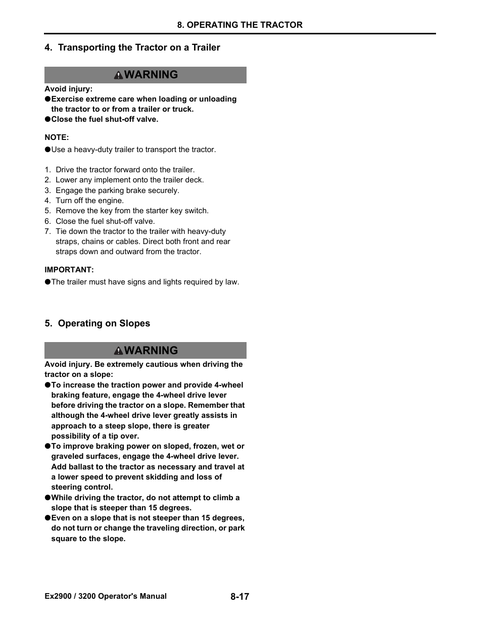 Transporting the tractor on a trailer, Operating on slopes, Warning | Cub Cadet EX3200 User Manual | Page 58 / 134