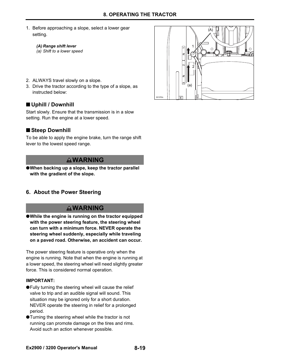 Uphill / downhill, Steep downhill, About the power steering | Uphill / downhill -19, Steep downhill -19, About the power steering -19, Warning | Cub Cadet EX3200 User Manual | Page 60 / 134