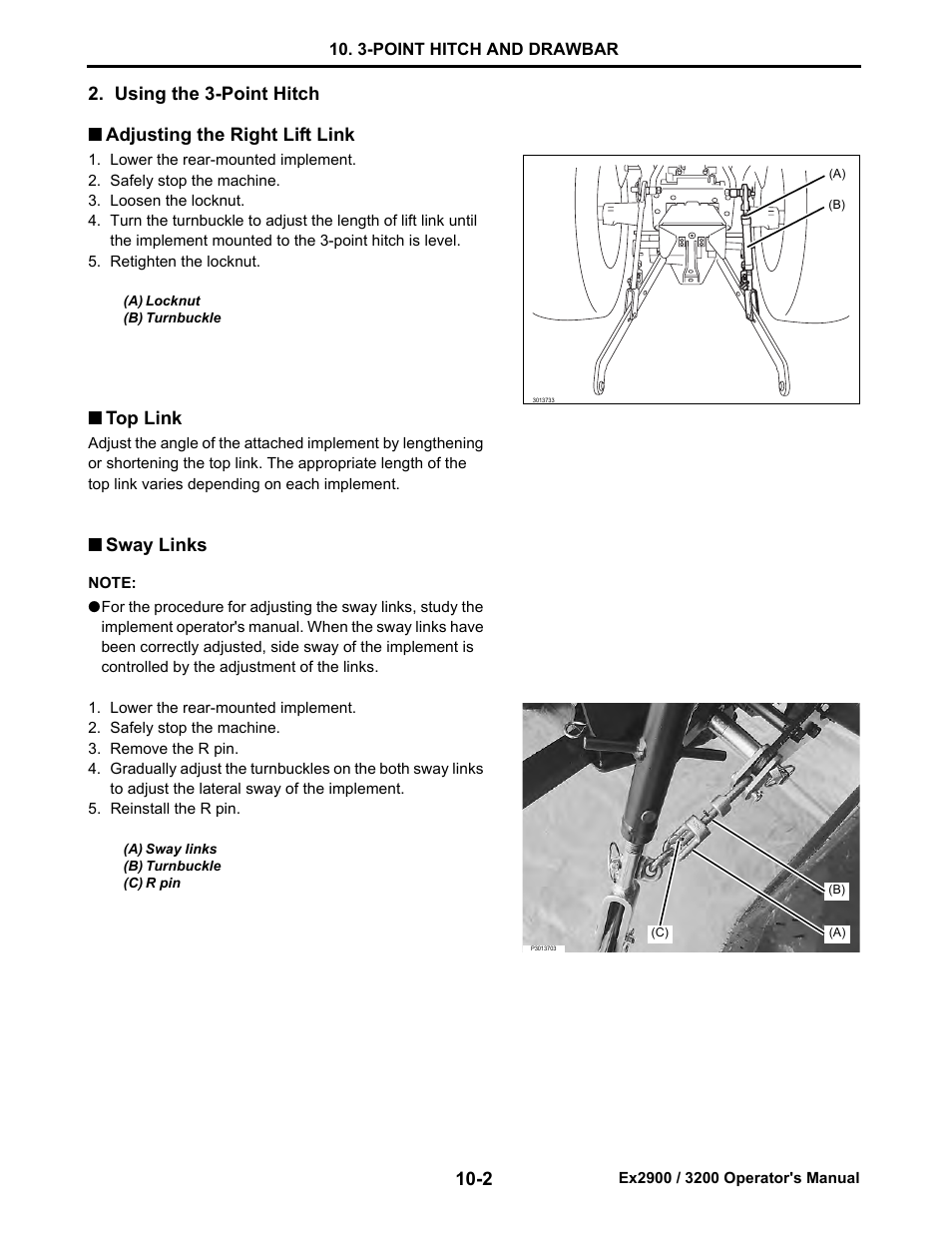 Using the 3-point hitch, Adjusting the right lift link, Top link | Sway links, Using the 3-point hitch -2, Adjusting the right lift link -2, Top link -2, Sway links -2 | Cub Cadet EX3200 User Manual | Page 67 / 134