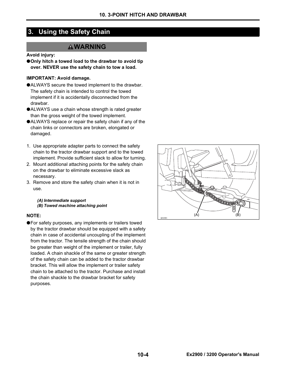 Using the safety chain, Using the safety chain -4, Using the safety chain warning | Cub Cadet EX3200 User Manual | Page 69 / 134