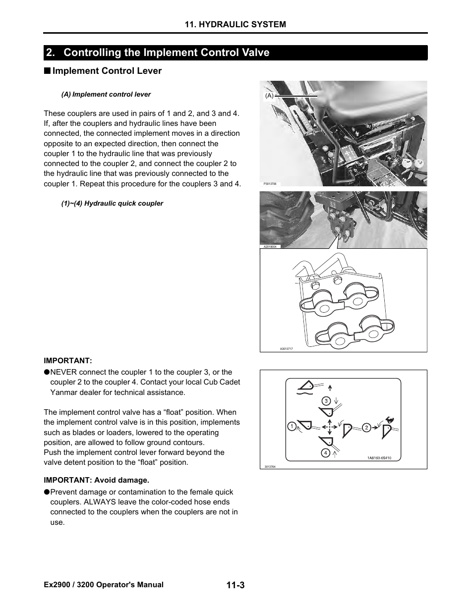 Controlling the implement control valve, Implement control lever, Controlling the implement control valve -3 | Implement control lever -3 | Cub Cadet EX3200 User Manual | Page 72 / 134