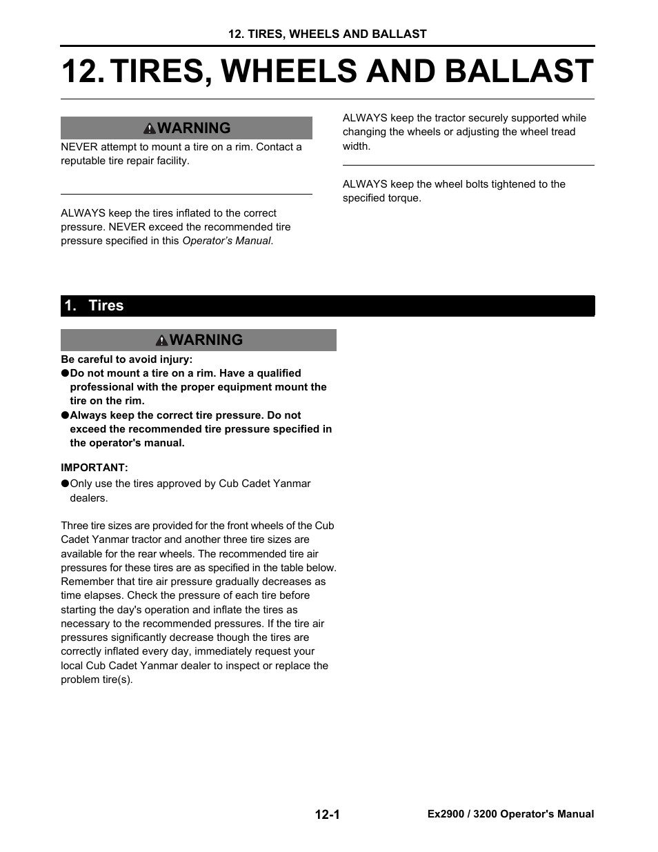 Tires, wheels and ballast, Tires, Tires -1 | Tires, wheels and ballast -1 | Cub Cadet EX3200 User Manual | Page 75 / 134