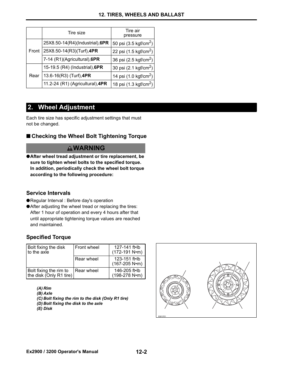 Wheel adjustment, Checking the wheel bolt tightening torque, Wheel adjustment -2 | Checking the wheel bolt tightening torque -2, Wheel adjustment warning | Cub Cadet EX3200 User Manual | Page 76 / 134