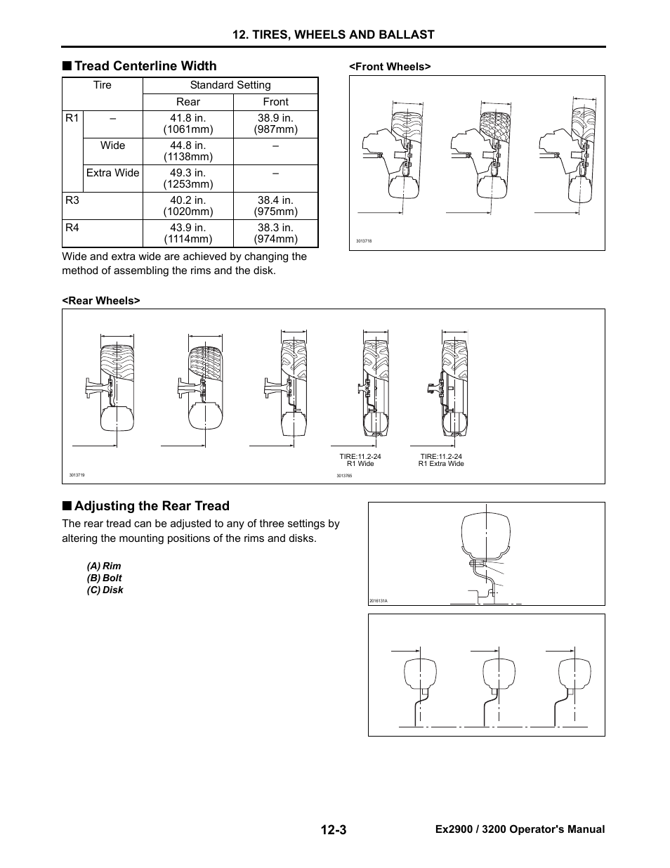 Tread centerline width, Adjusting the rear tread, Tread centerline width -3 | Adjusting the rear tread -3, Tires, wheels and ballast | Cub Cadet EX3200 User Manual | Page 77 / 134