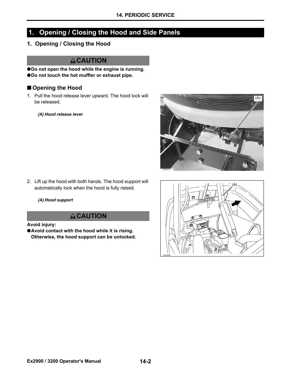 Opening / closing the hood and side panels, Opening / closing the hood, Opening the hood | Opening / closing the hood and side panels -2, Opening / closing the hood -2, Opening the hood -2 | Cub Cadet EX3200 User Manual | Page 84 / 134