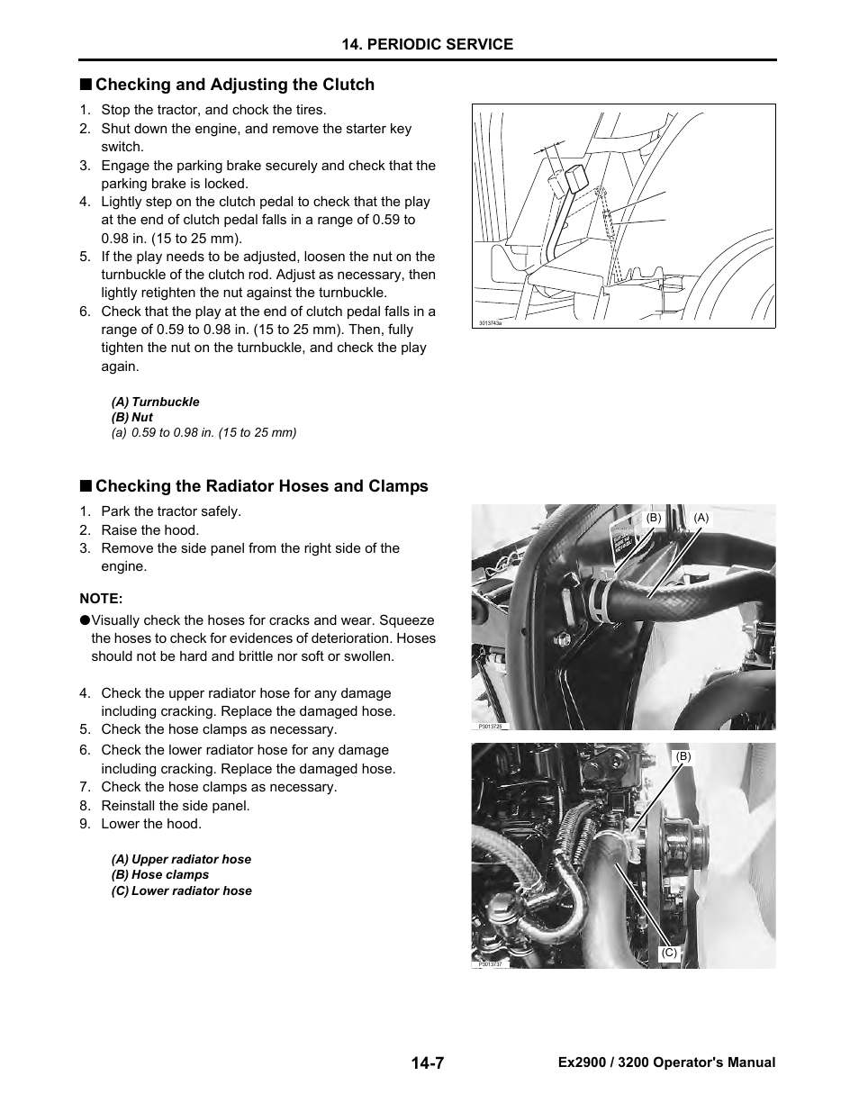 Checking and adjusting the clutch, Checking the radiator hoses and clamps, Checking and adjusting the clutch -7 | Checking the radiator hoses and clamps -7 | Cub Cadet EX3200 User Manual | Page 89 / 134