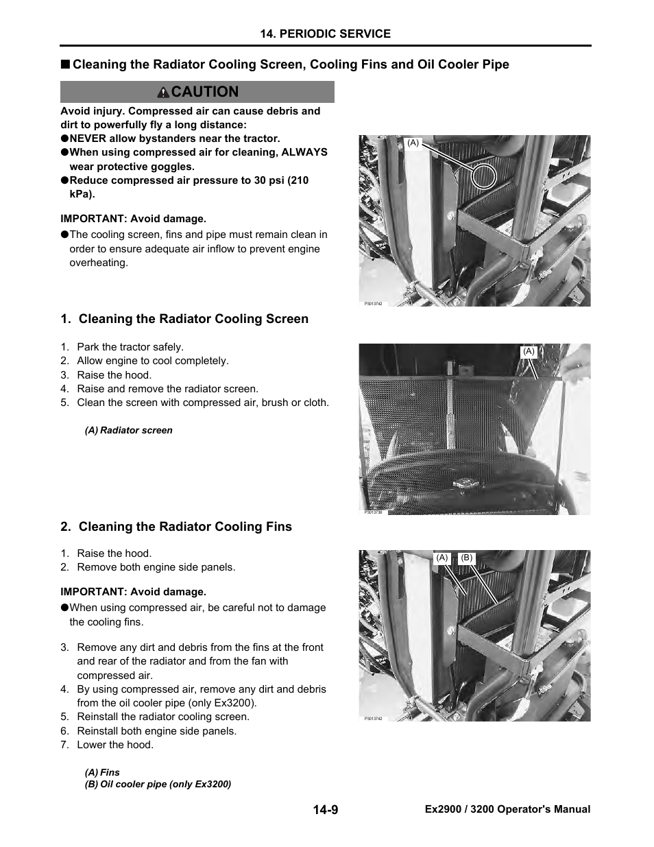 Cleaning the radiator cooling screen, Cleaning the radiator cooling fins, Caution | Cub Cadet EX3200 User Manual | Page 91 / 134