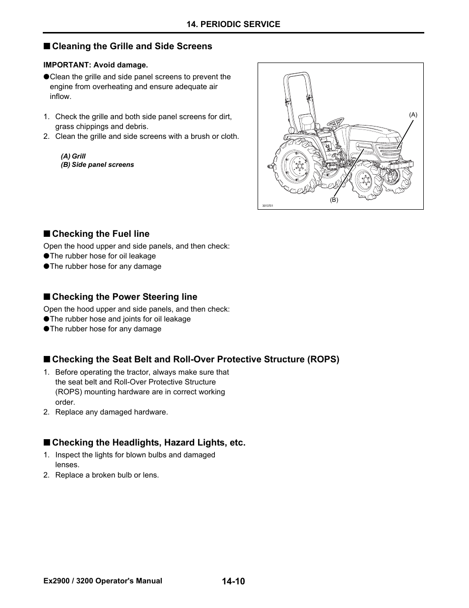 Cleaning the grille and side screens, Checking the fuel line, Checking the power steering line | Checking the headlights, hazard lights, etc, Cleaning the grille and side screens -10, Checking the fuel line -10, Checking the power steering line -10, Checking the headlights, hazard lights, etc -10 | Cub Cadet EX3200 User Manual | Page 92 / 134