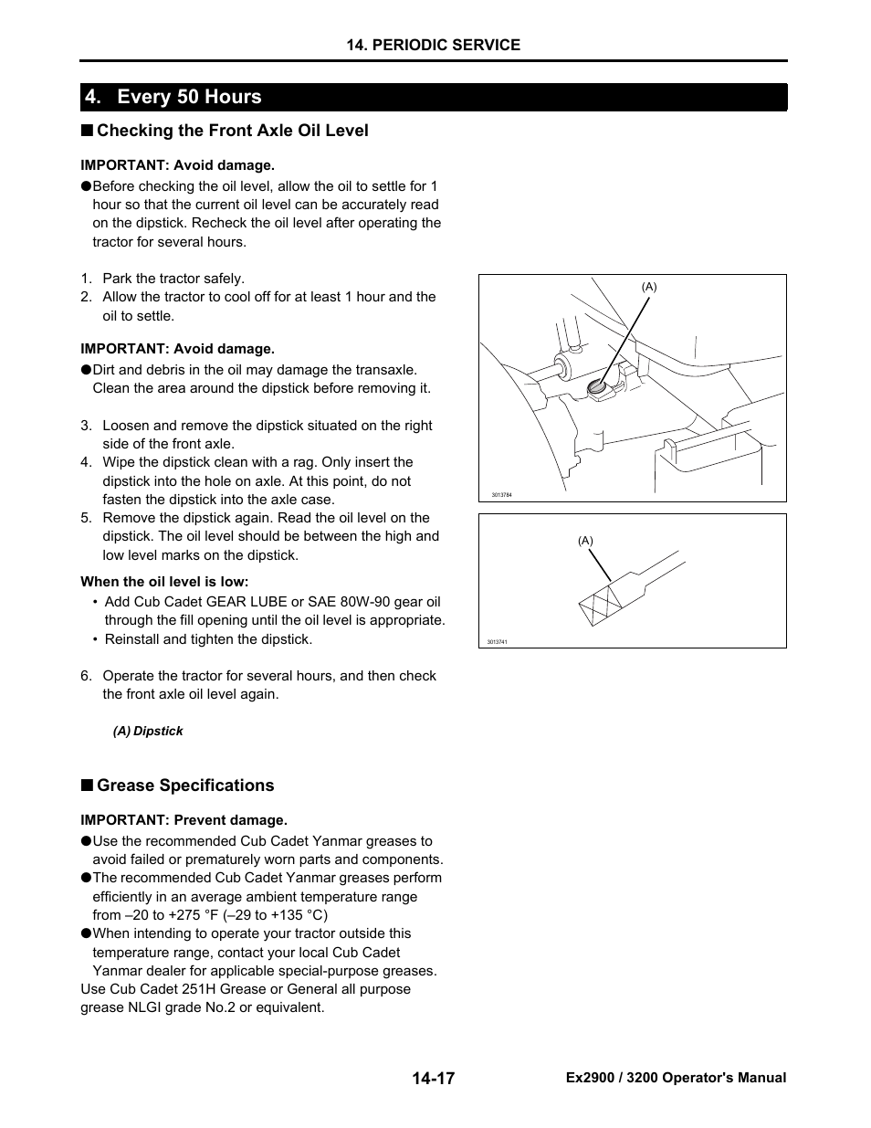 Every 50 hours, Checking the front axle oil level, Grease specifications | Every 50 hours -17, Checking the front axle oil level -17, Grease specifications -17 | Cub Cadet EX3200 User Manual | Page 99 / 134