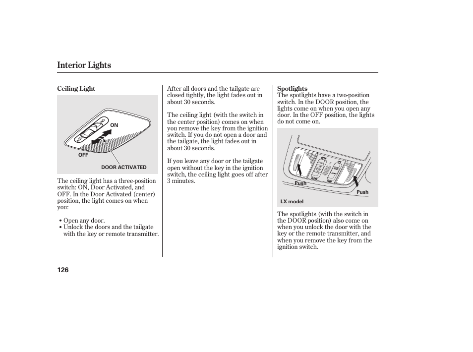 Interior lights | HONDA 2010 CR-V User Manual | Page 132 / 446