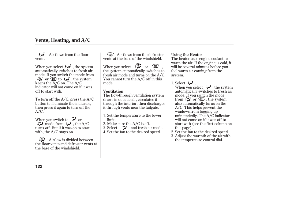 Vents, heating, and a/c | HONDA 2010 CR-V User Manual | Page 138 / 446