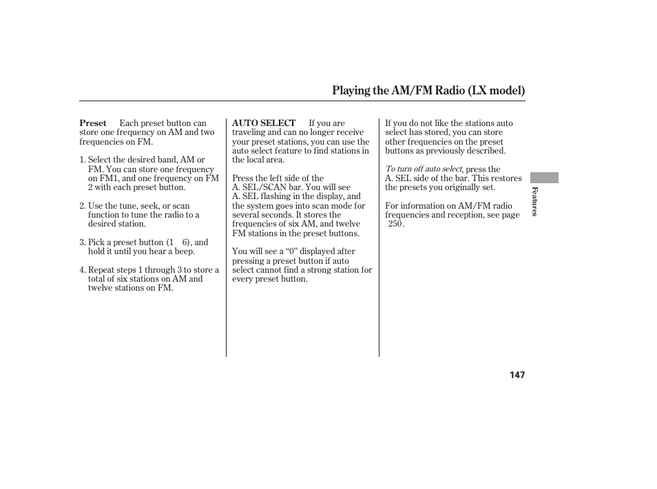 Playing the am/fm radio (lx model) | HONDA 2010 CR-V User Manual | Page 153 / 446