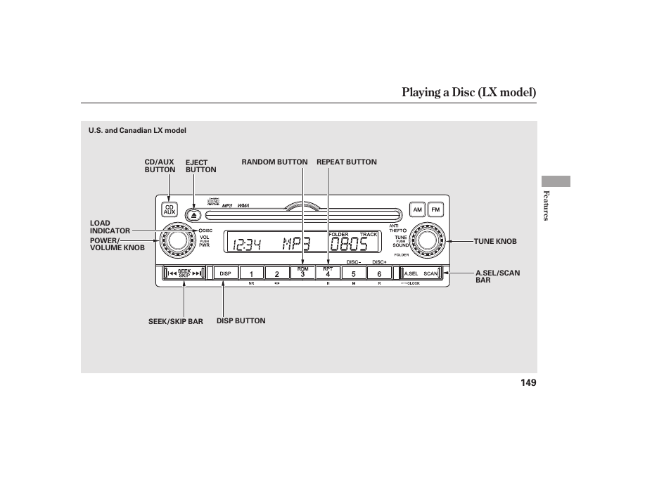 Playing a disc (lx model) | HONDA 2010 CR-V User Manual | Page 155 / 446