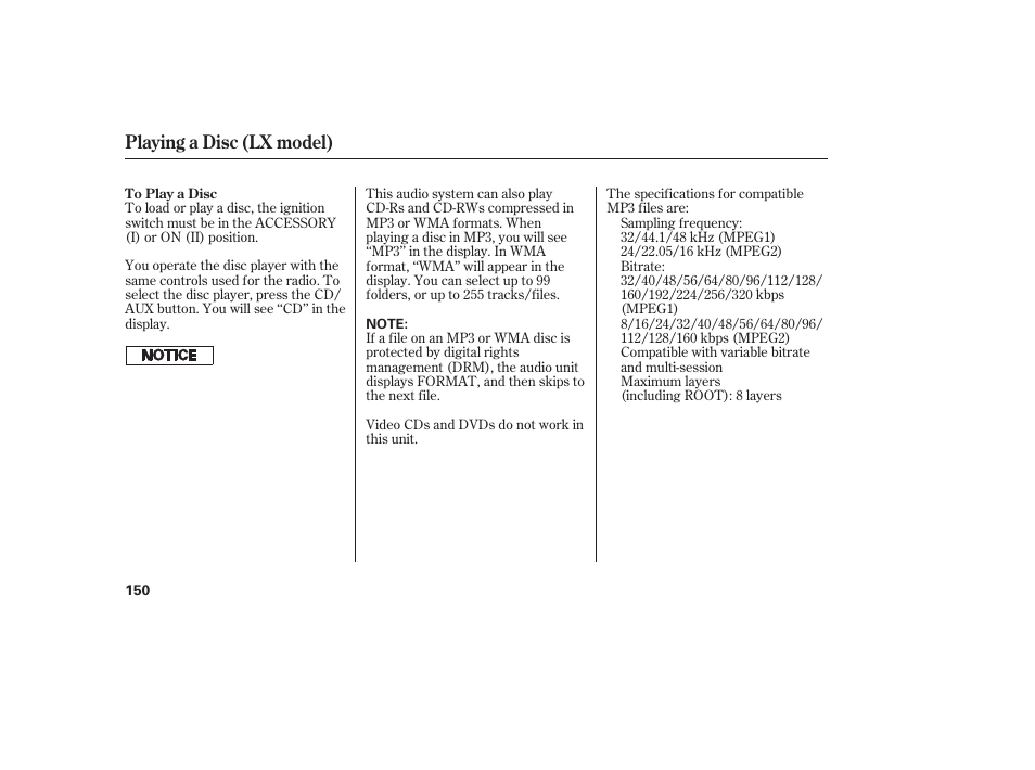 Playing a disc (lx model) | HONDA 2010 CR-V User Manual | Page 156 / 446