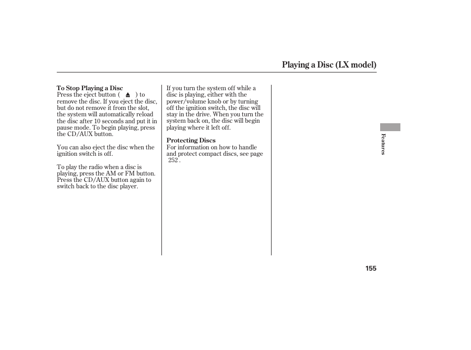 Playing a disc (lx model) | HONDA 2010 CR-V User Manual | Page 161 / 446