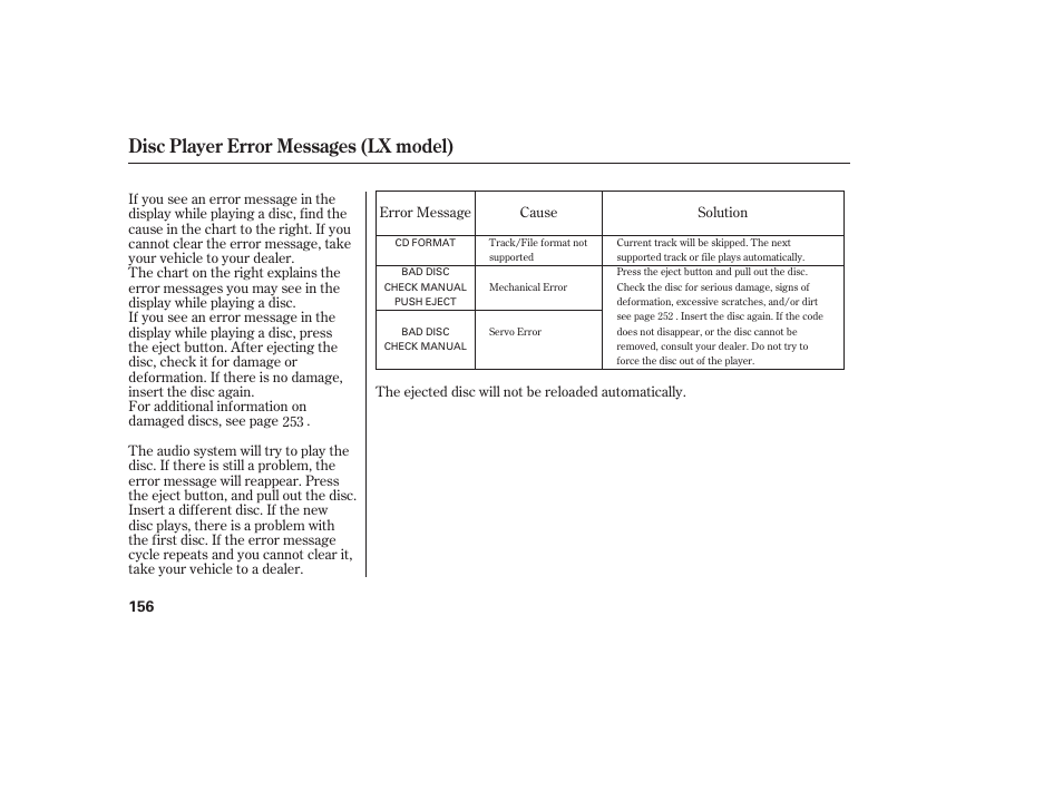 Disc player error messages (lx model) | HONDA 2010 CR-V User Manual | Page 162 / 446